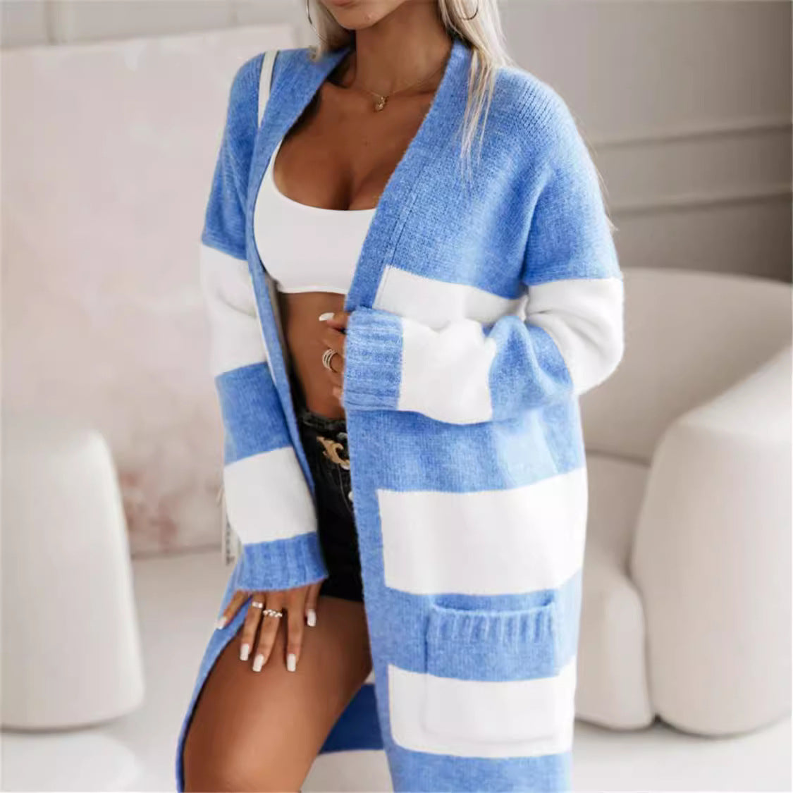 Women’s Knit Cardigan – Oversized Fit – Longline Open Front – Striped – Ribbed Cuffs