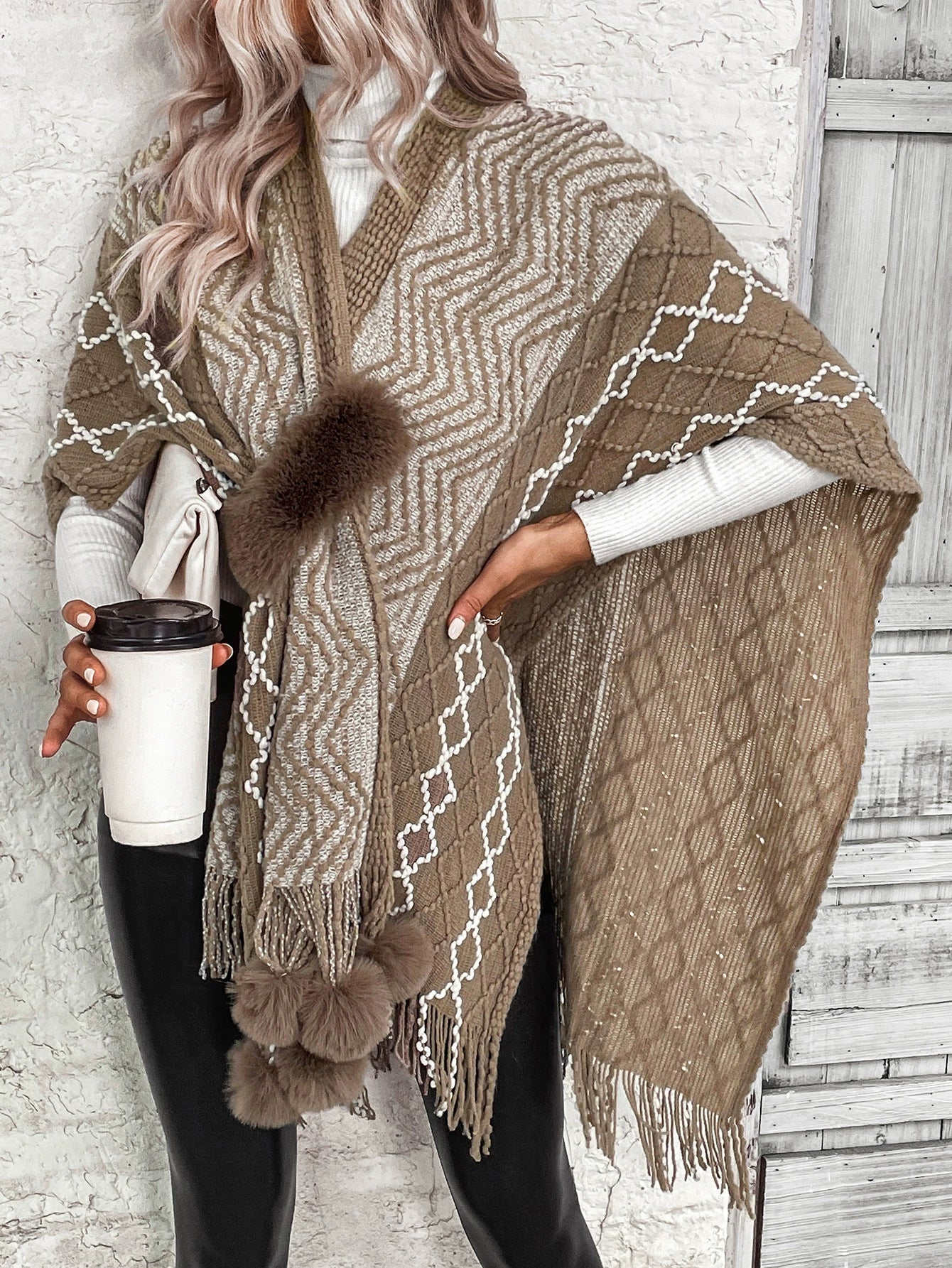 Women’s Cape Shawl Cardigan – Wool Knit – Oversized Fit – Fringe Hem – Boho Style