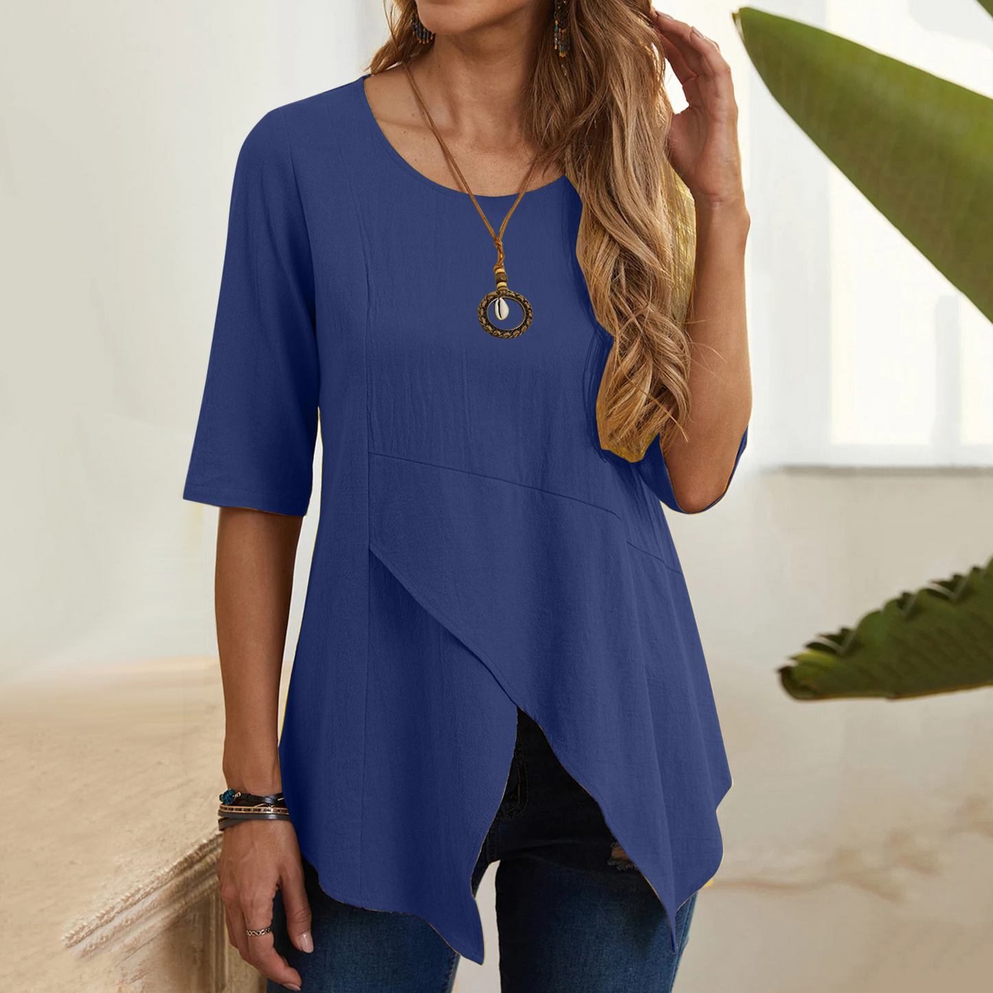 Women’s Tunic Top – Asymmetrical Hem – Half Sleeve – Loose Fit – Layered Design