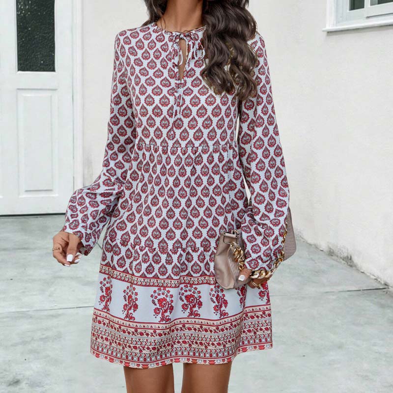 Women's Boho Midi Dress - Lightweight Flowy Fit - Long Sleeve Vintage Style