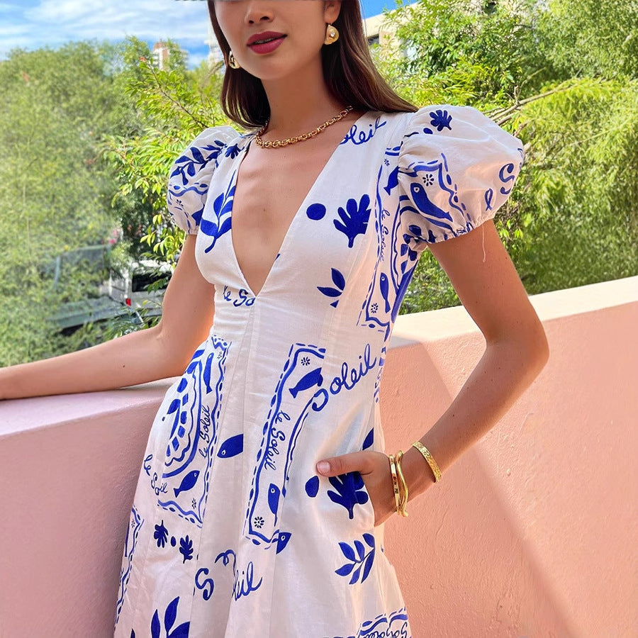 Women’s Maxi Dress – V-Neck – Puff Sleeve – A-Line Skirt – Cotton Linen Blend
