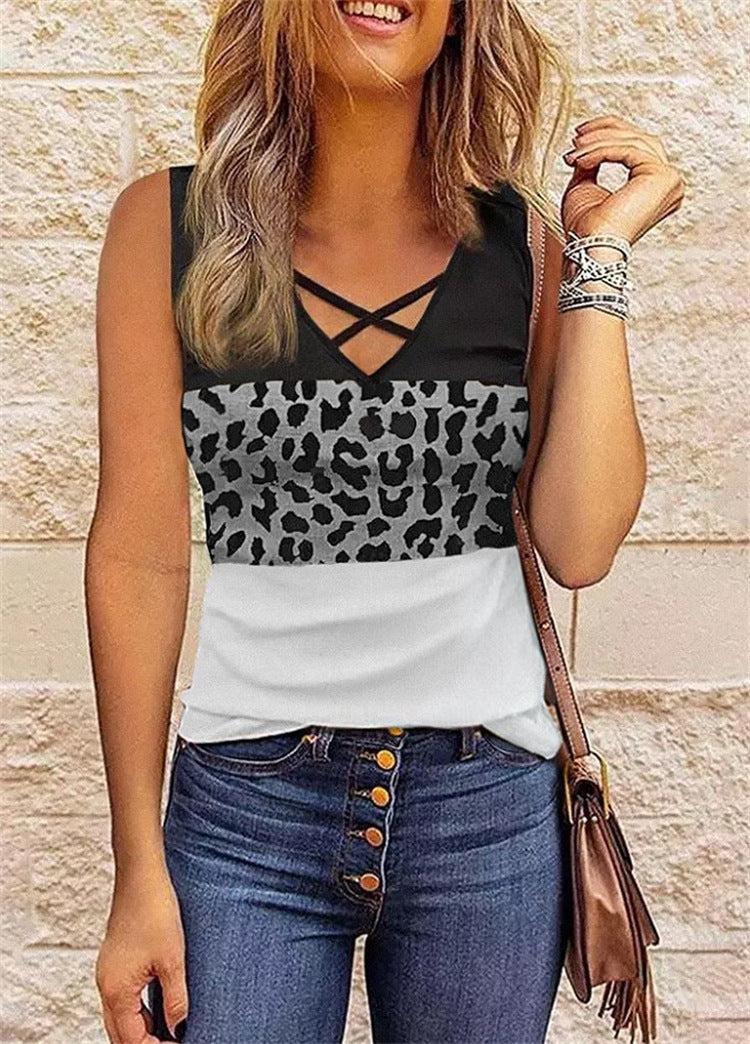Women’s Sleeveless Top – Slim Fit – Cotton Blend – Crisscross Neckline – Star Stripe Pattern