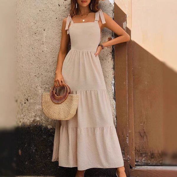 Women’s A-Line Dress – Lightweight Cotton – Tiered Midi – Adjustable Straps Sleeveless