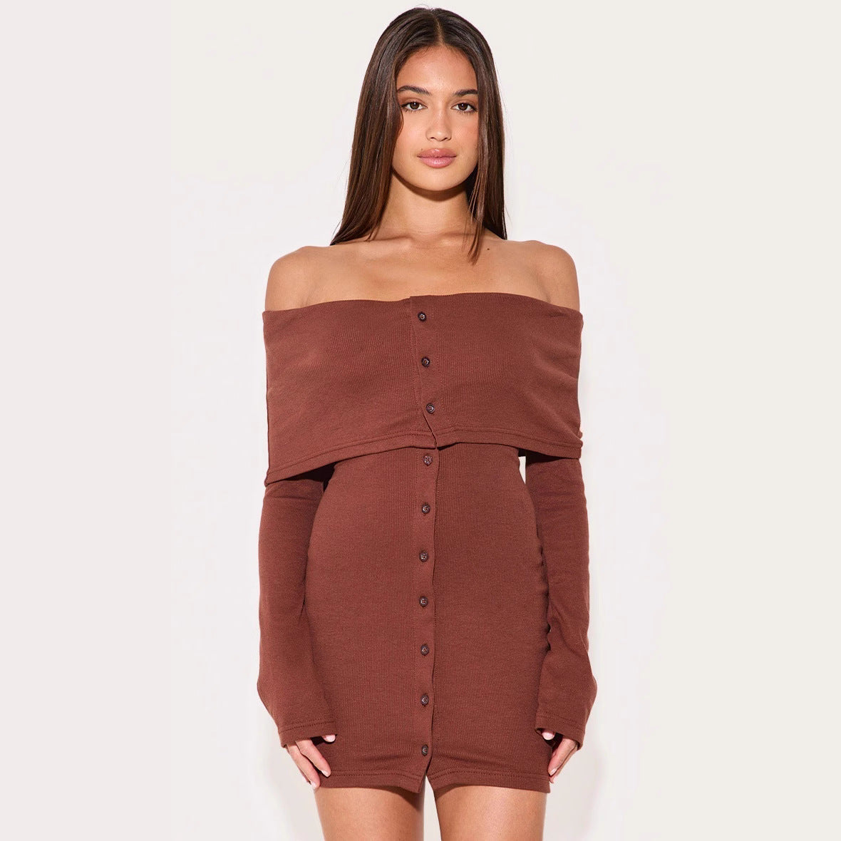 Women’s Off-Shoulder Dress – Slim Fit – Ribbed Knit – Button Front – Mini Long Sleeve