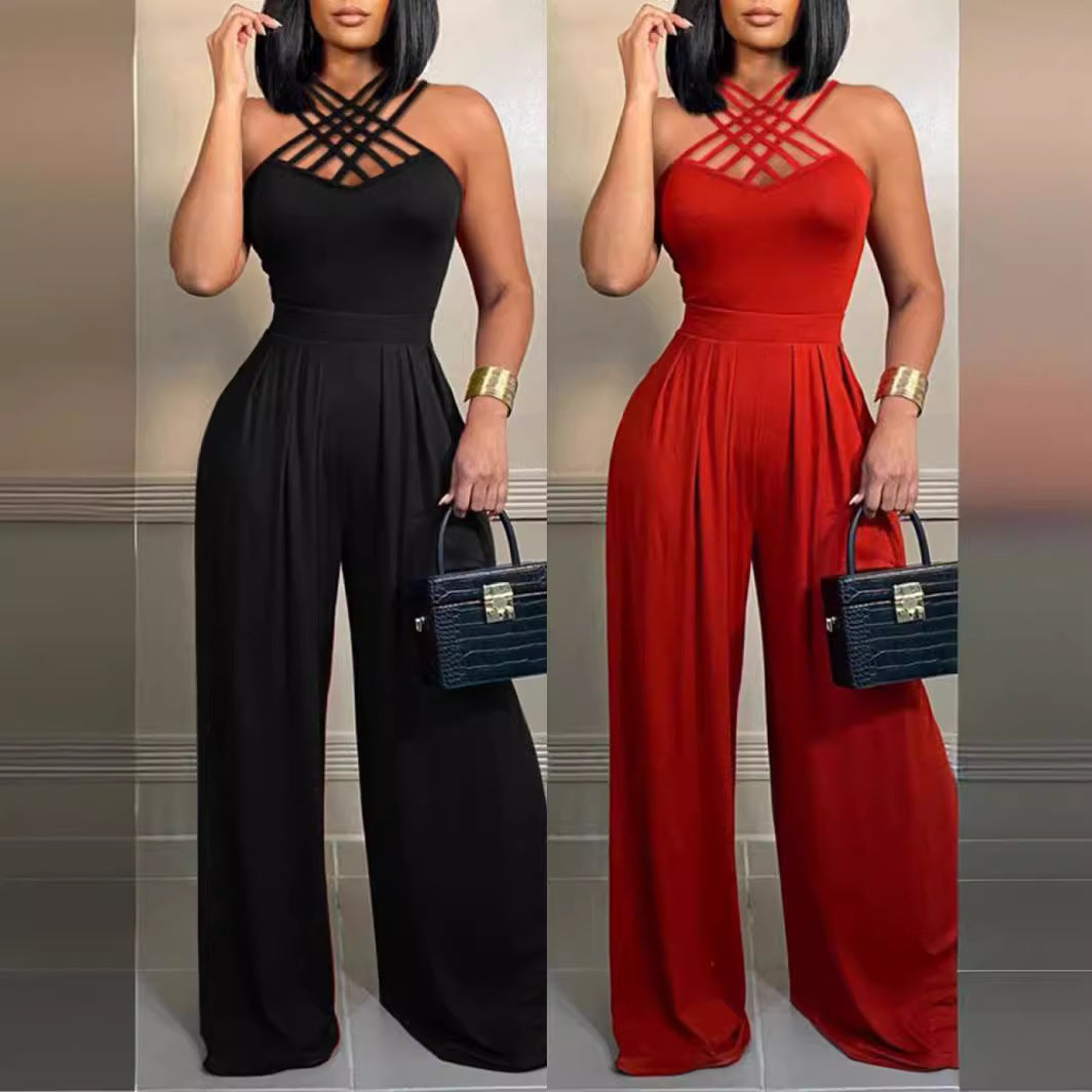 Women's Jumpsuit - V-Neck Criss-Cross Straps - Wide-Leg Elegant Fit