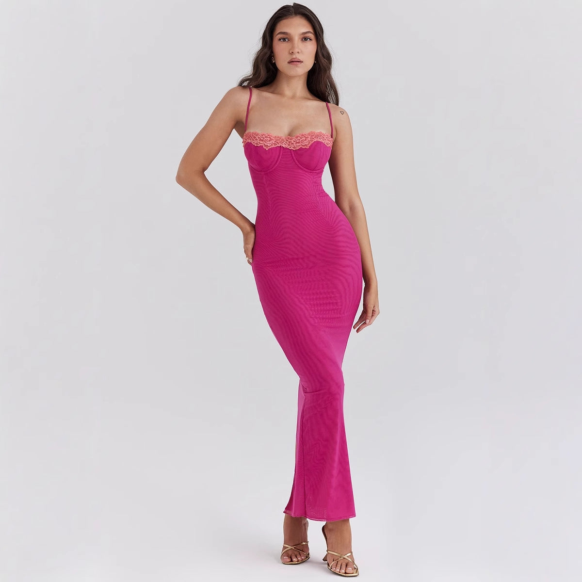 Women’s Maxi Dress – Slim Fit – Spaghetti Straps – Lace Trim – Sheer Hem