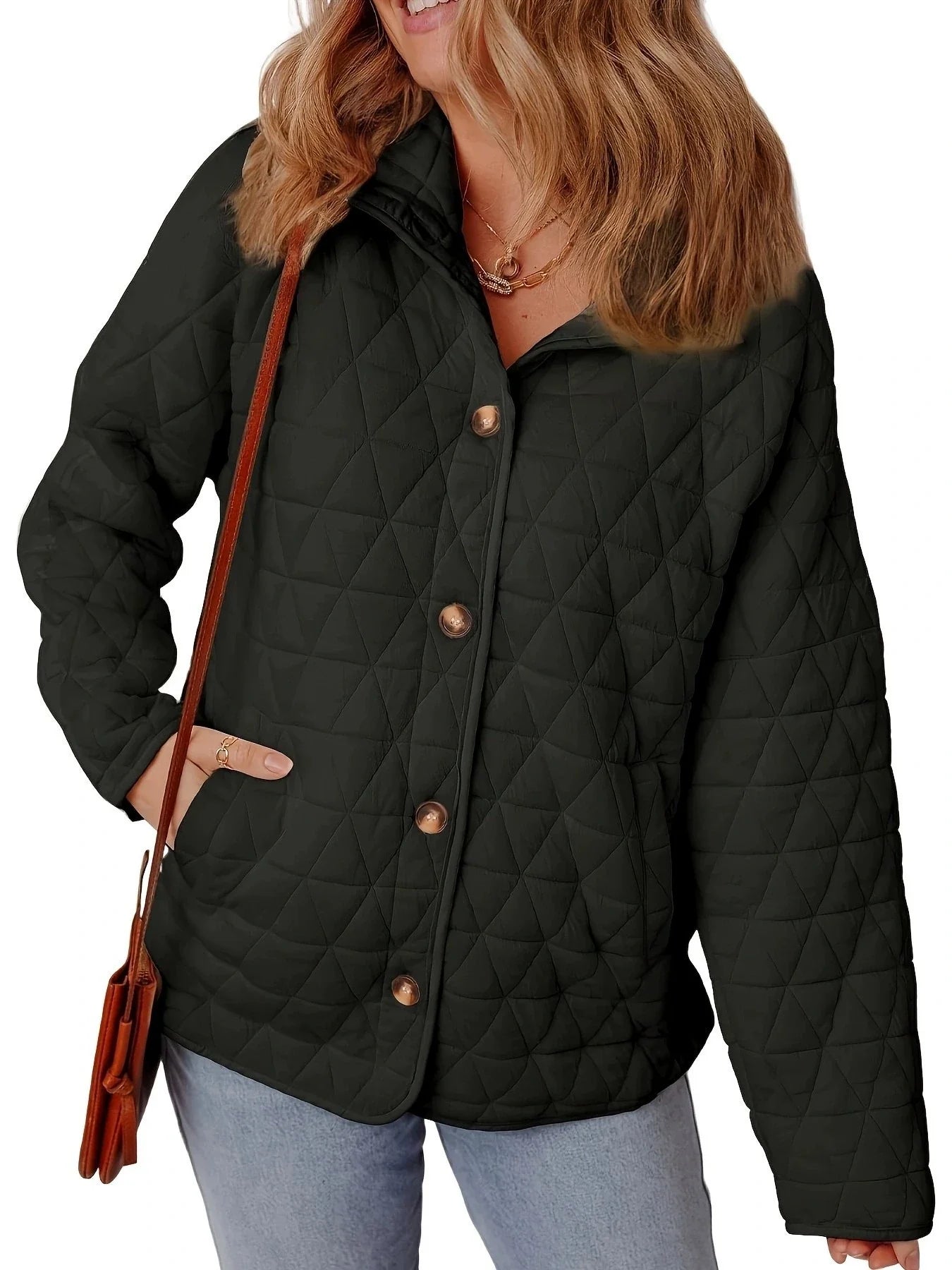 Women’s Quilted Coat – Cotton – Oversized Fit – Button Front – Round Neck – Mid Length
