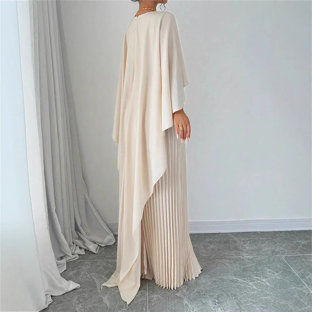 Women’s Maxi Dress – Elegant Pleated Skirt – Batwing Sleeves – High Neck Flowing Fit