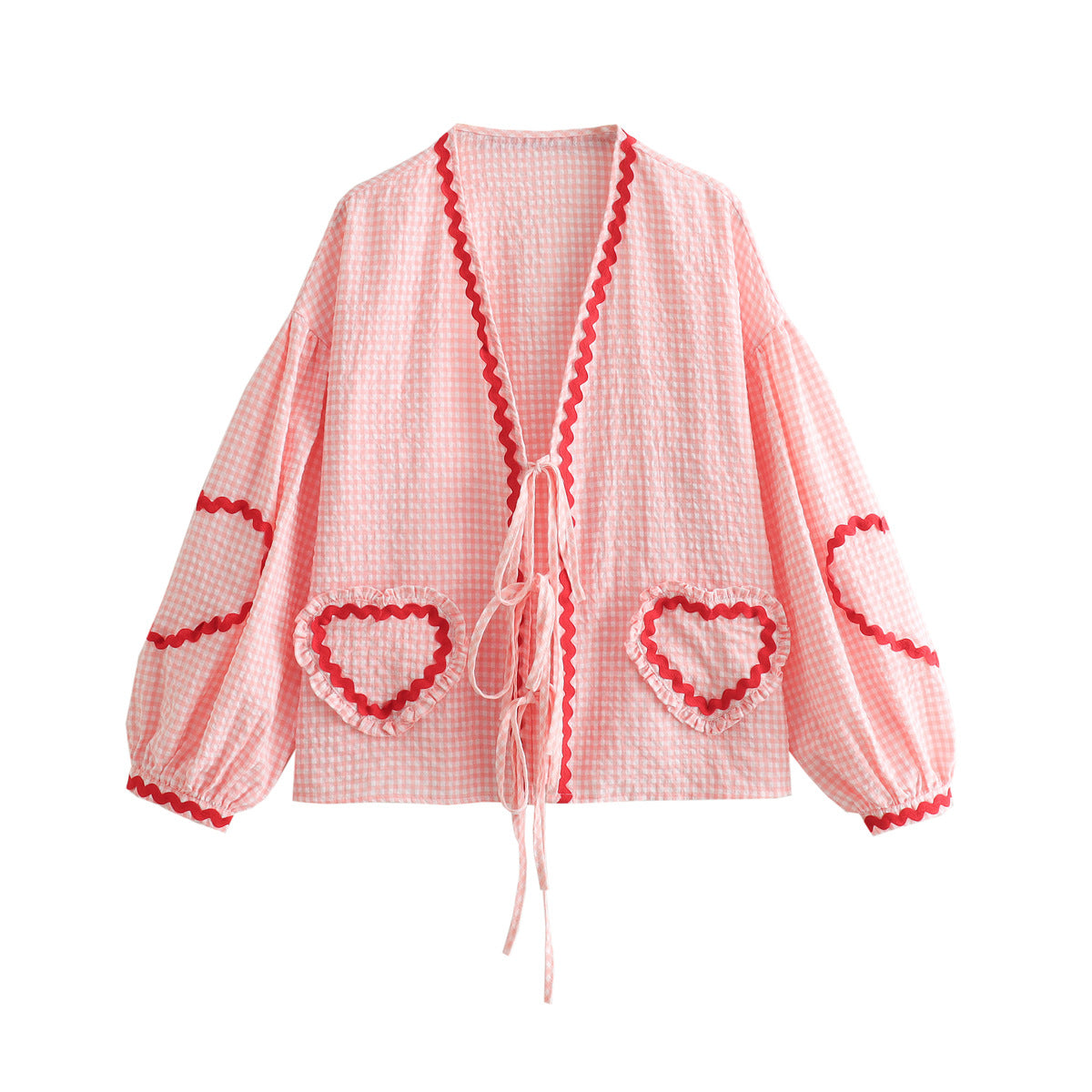 Women's Blouse - Gingham Checkered - Open Back with Ties - Puff Sleeve Embroidered
