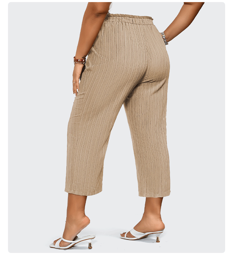 Women's Pleated Trousers - High-Rise Elastic Waist - Wide-Leg Cropped Fit