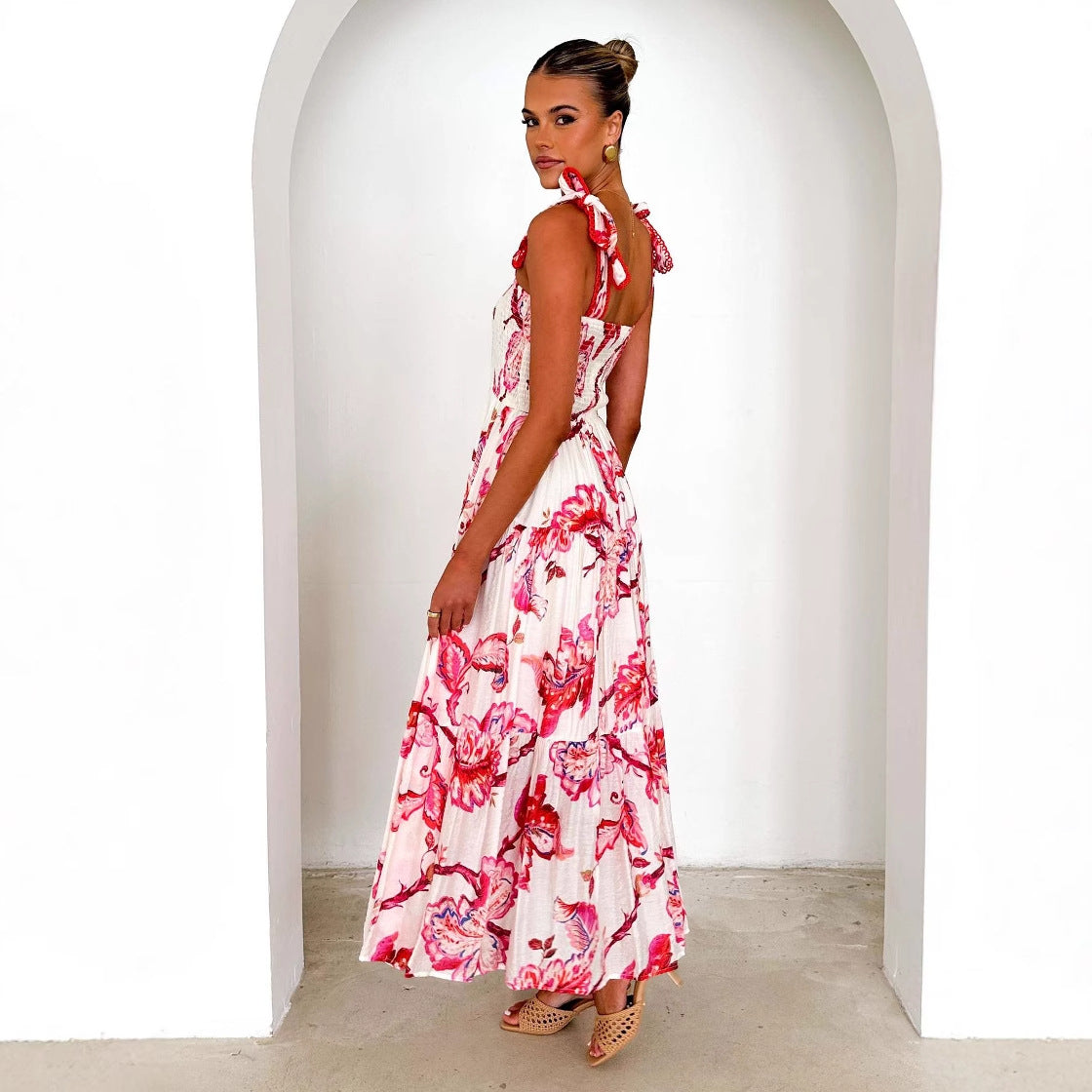 Women’s Maxi Dress – Shirred Bodice – Adjustable Straps – Tiered Flowy Skirt – Floral Print
