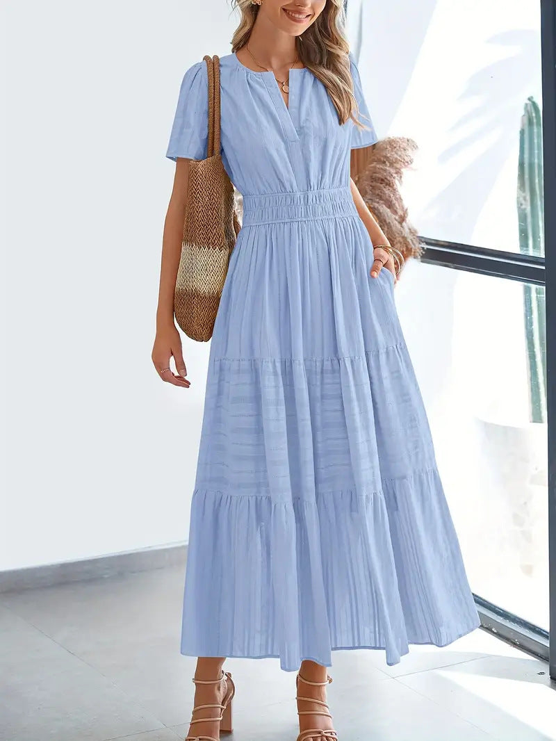 Women’s Maxi Dress – V-Neck – Puff Sleeve – Ruched Waist – Soft A-Line Fit