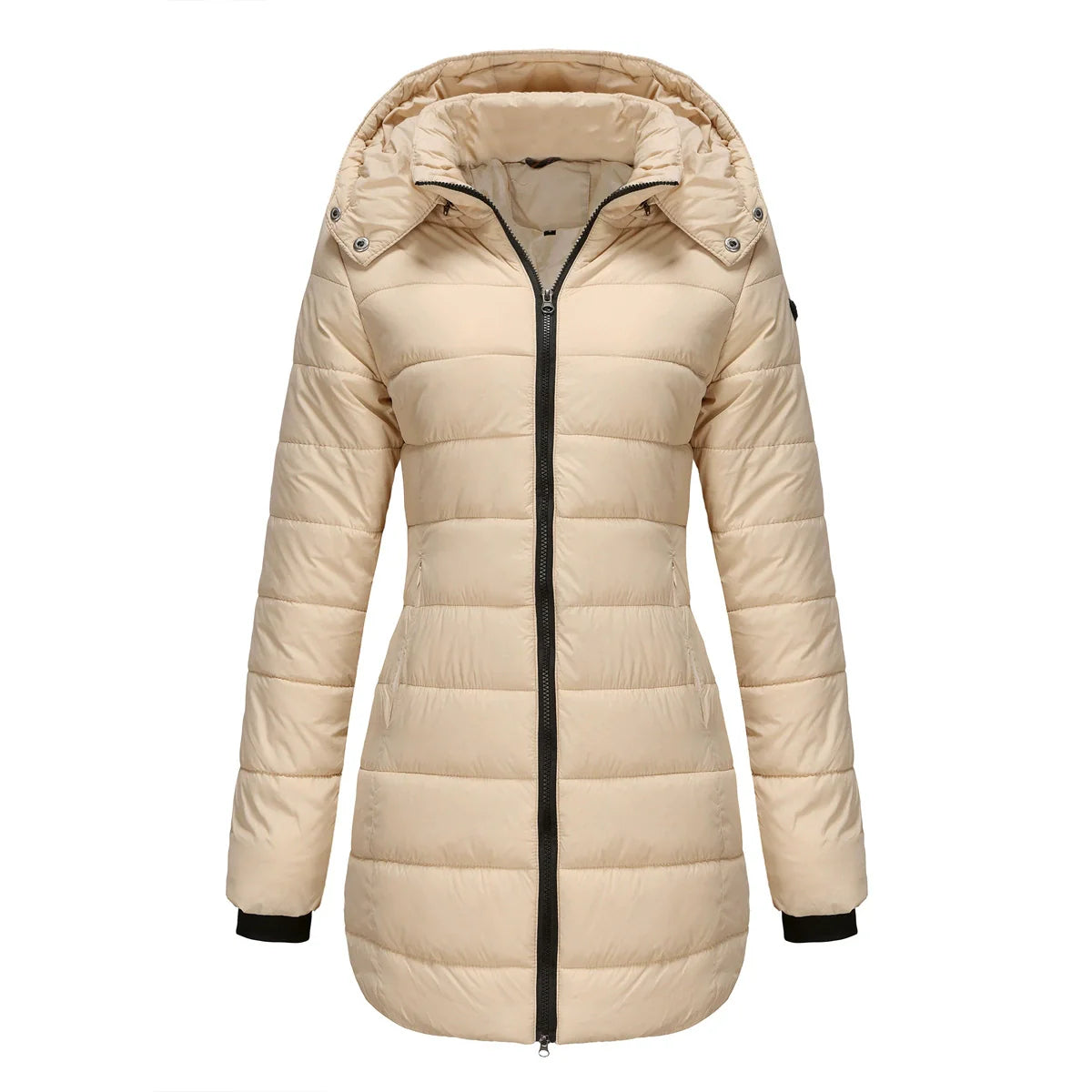 Women’s Puffer Jacket – Quilted Mid-Length Fit – Detachable Hood – Zipper Closure