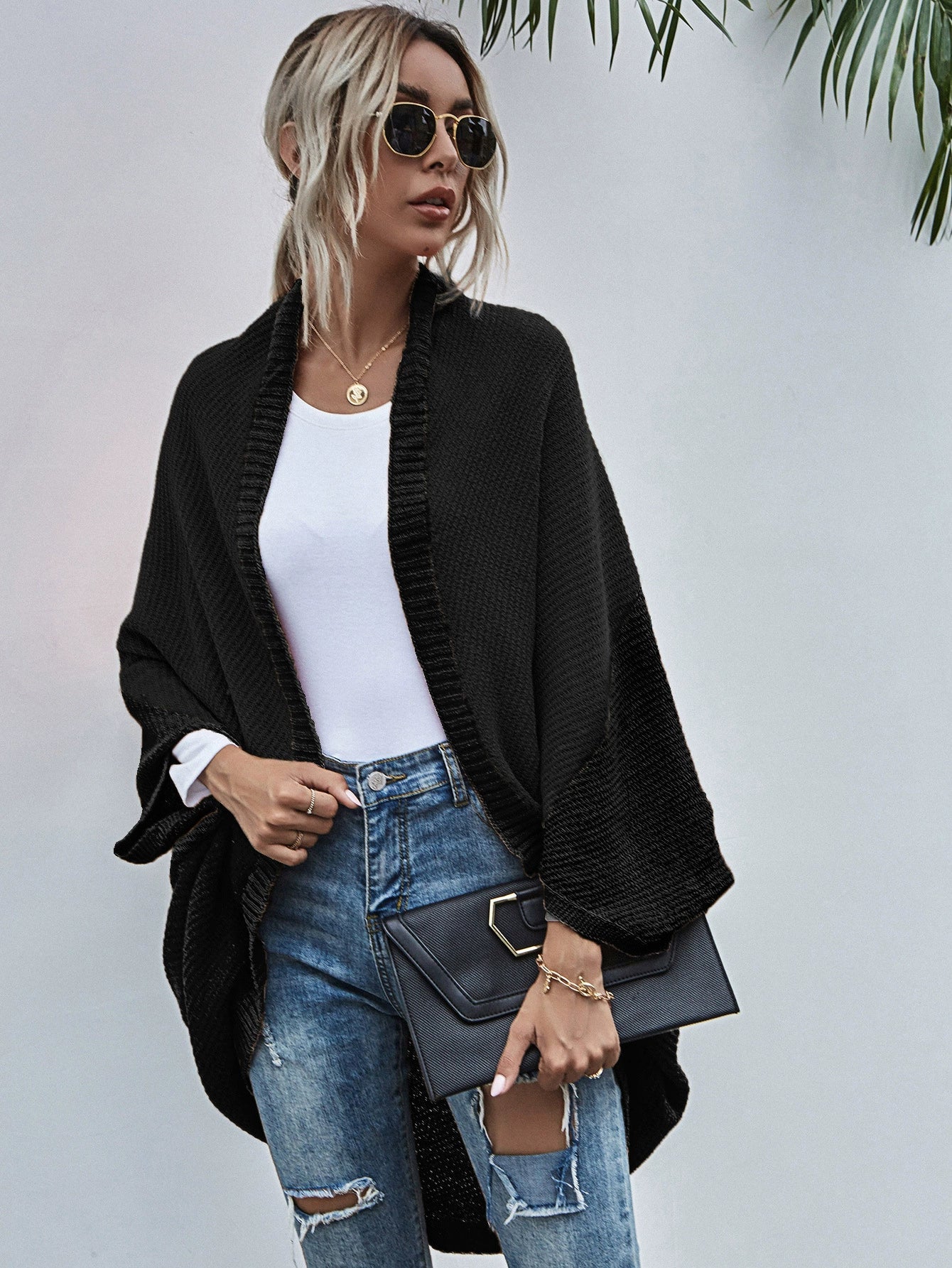 Women’s Cardigan Sweater – Oversized Fit – Knit Wool – Open Front – Batwing Sleeves