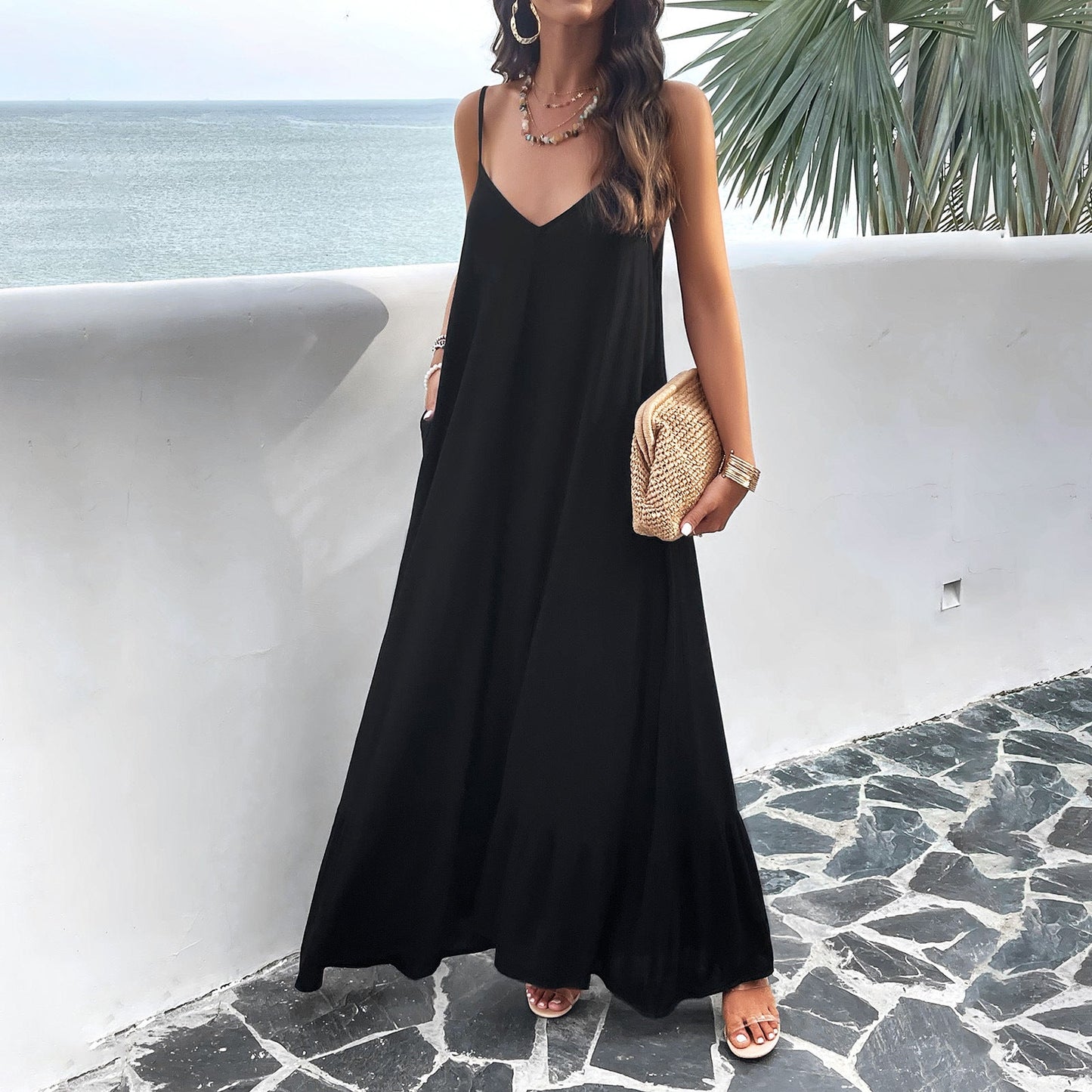Women’s Maxi Dress – A-Line Fit – V-Neck – Lace Trim – Lightweight Cotton Blend