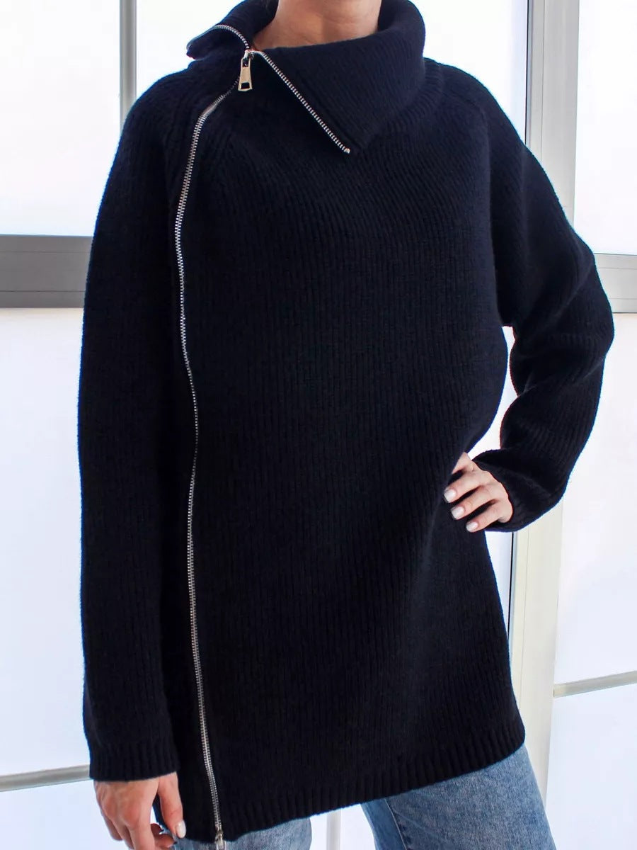 Women’s Pullover Sweater – Oversized Fit – Ribbed Knit – Asymmetrical Zipper – Large Collar