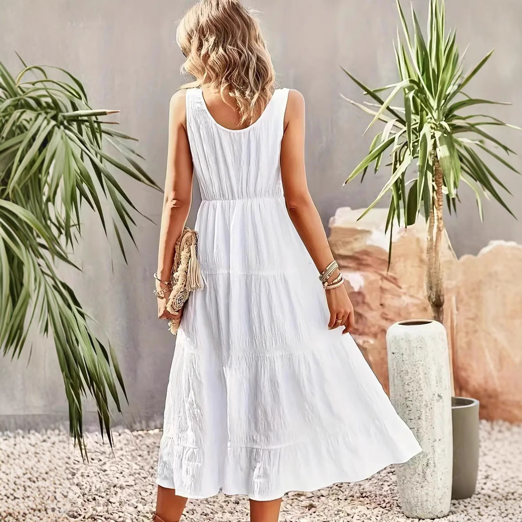 Women’s Maxi Dress – Sleeveless A-Line – U-Neck – Tiered Skirt – Button Front – Cotton Blend