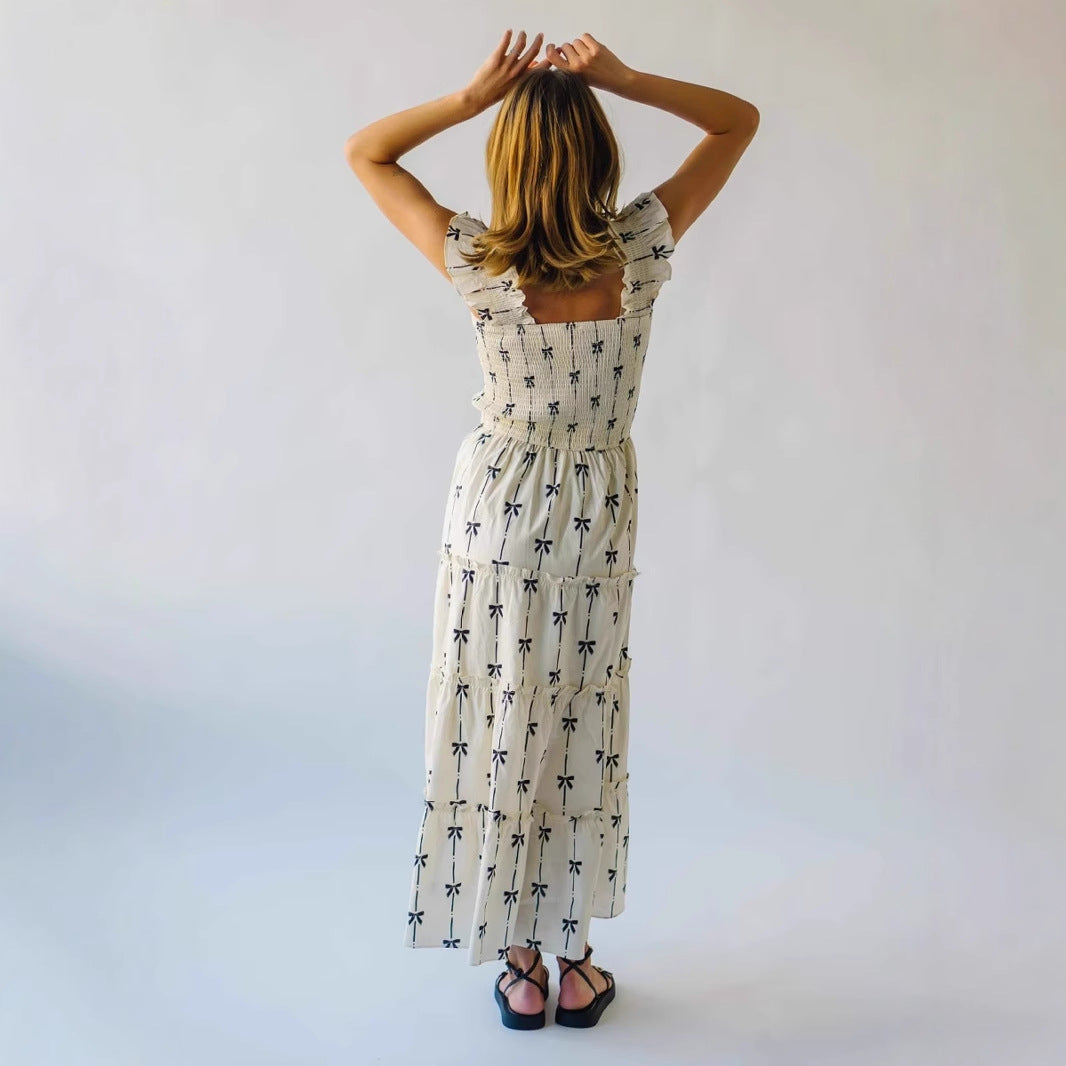 Women’s Maxi Slip Dress – Smocked Bodice – Ruffle Straps – Tiered Skirt – Flowy Fit