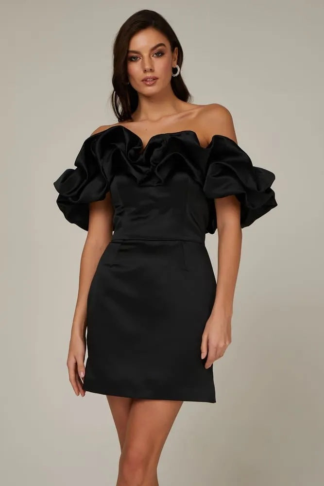Women's Off-Shoulder Mini Dress - Ruffled Elegance - Fitted Silhouette