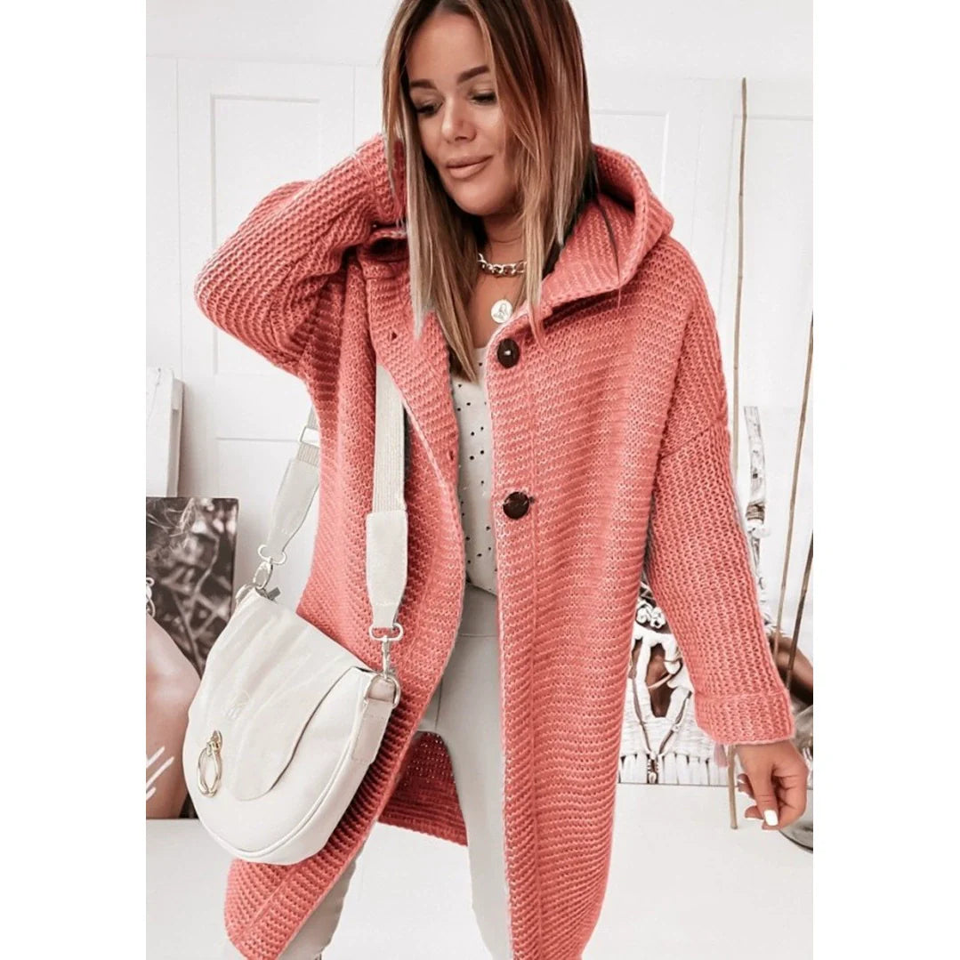 Women’s Hooded Cardigan – Ribbed Knit – Loose Fit – Long Line – Button Front