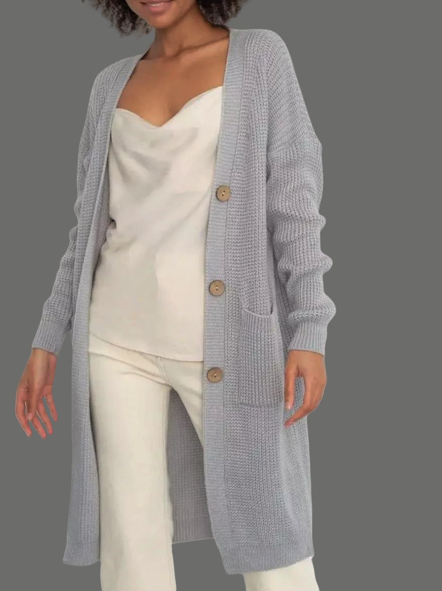 Women's Long Knit Cardigan - Cozy Open Front - Relaxed Fit - Button Detail