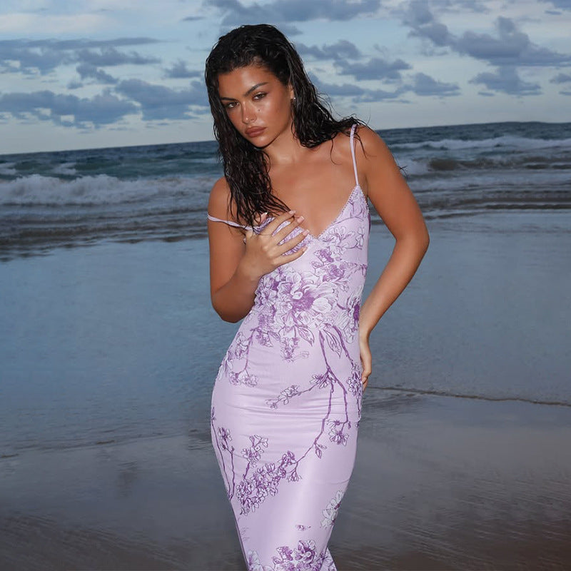 Women’s Maxi Dress – Slim Fit Satin Blend – V-Neck Spaghetti Straps Floral Print