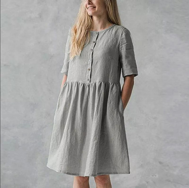 Women’s Midi Dress – Cotton Linen Blend – Relaxed Fit – Button Front with Pockets