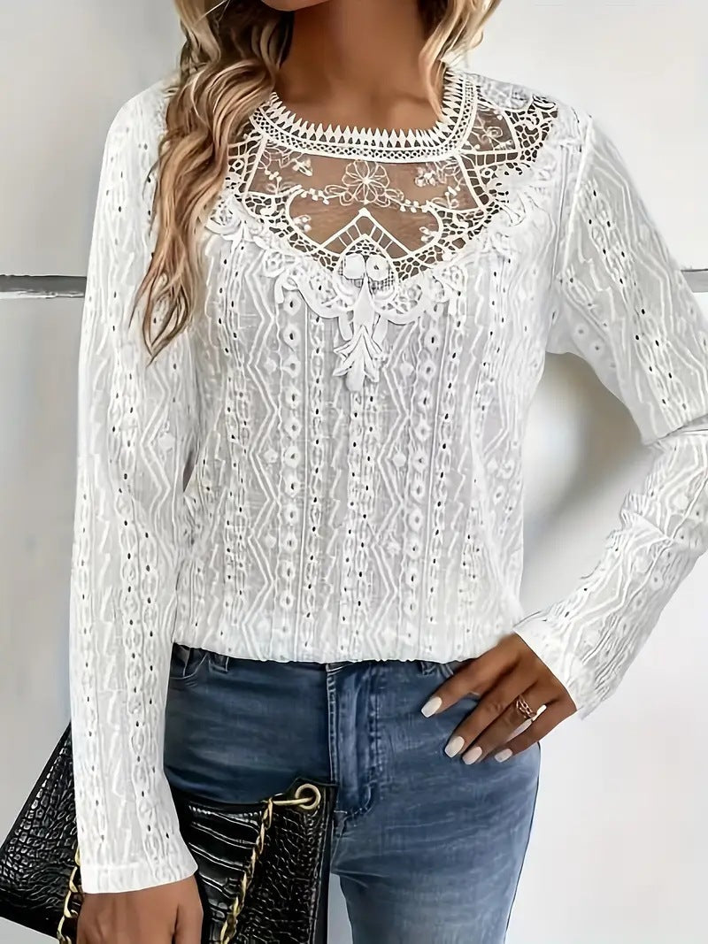 Women’s Long Sleeve T-Shirt – Slim Fit – Lace Neckline – Hollow Detail – Breathable Blend