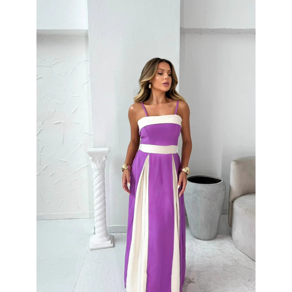 Women’s Maxi Dress – Satin Finish – A-Line Silhouette – Color Block – Formal Fit