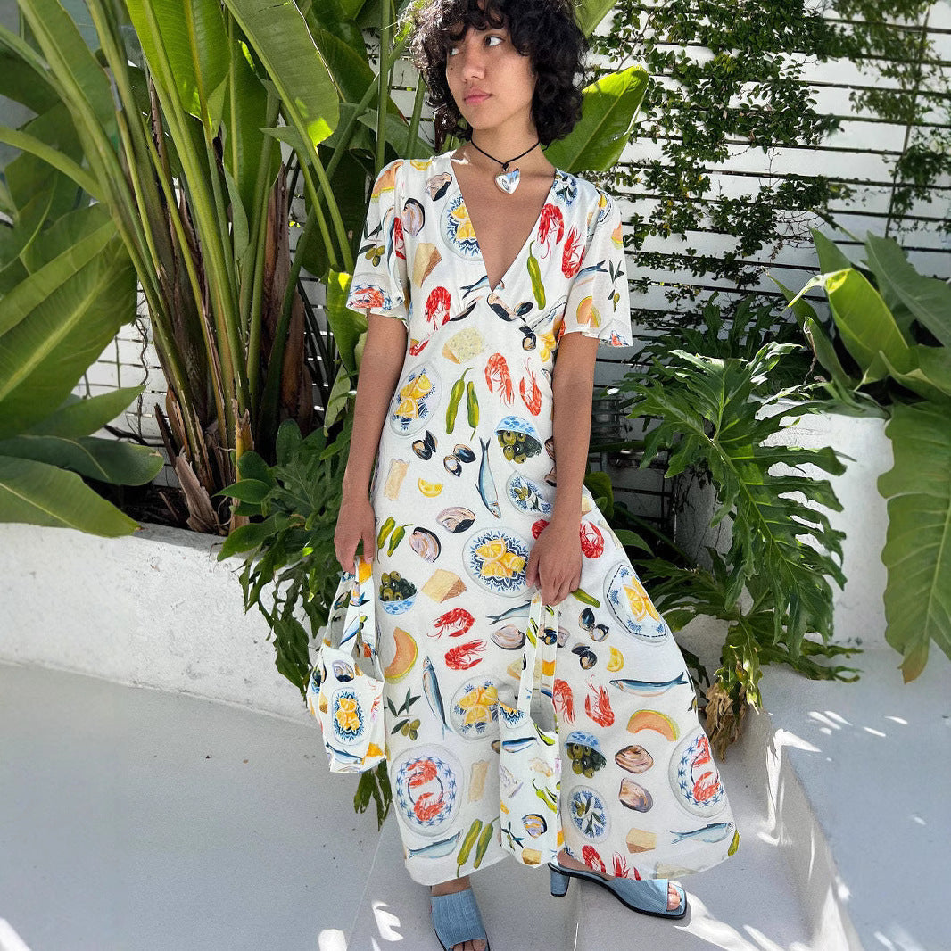 Women’s Midi Dress – Linen Fabric – Loose Fit – V-Neck – Short Sleeve Printed Style