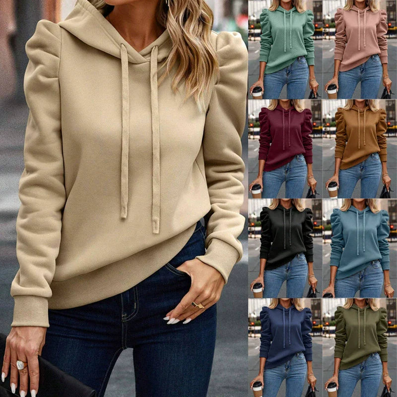 Women’s Hooded Top – Relaxed Fit – Puff Sleeves – Ribbed Cuffs – Soft Cotton Blend