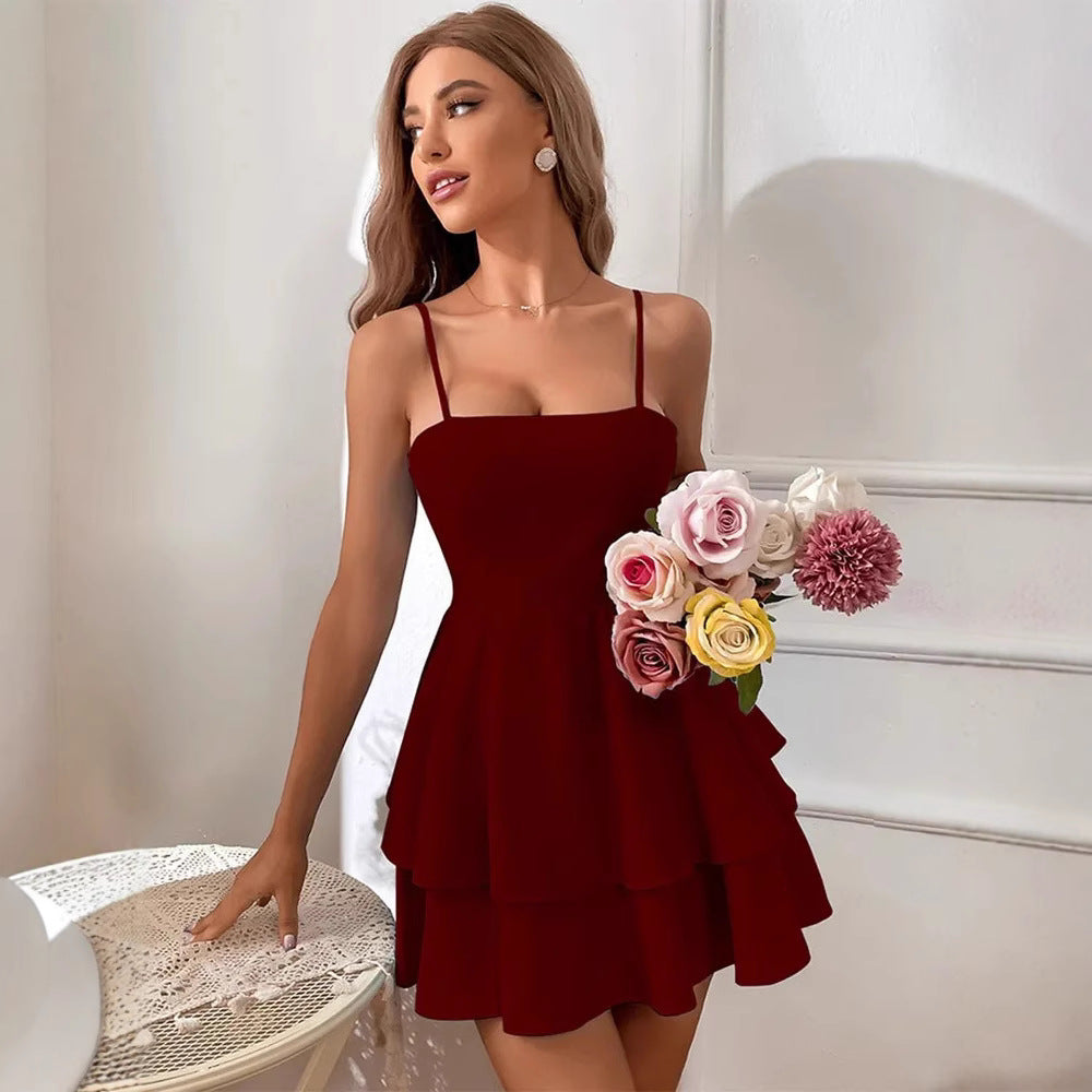 Women’s Mini Dress – A-Line Fit – Spaghetti Straps – Tiered Skirt – Open Back