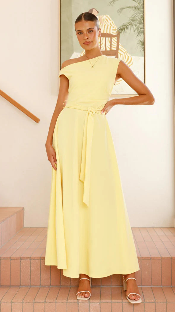 Women’s Maxi Dress – One-Shoulder Asymmetrical Neckline – Waist Tie – Flowy Fit