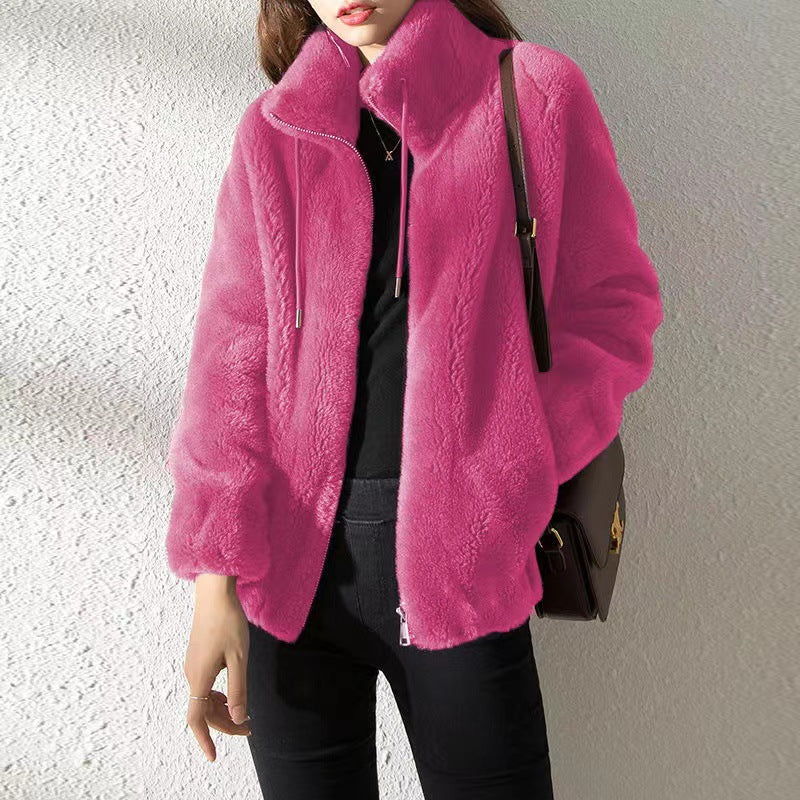 Women’s Jacket – Relaxed Fit – Plush Fleece – Stand Collar – Full Zip – Elastic Hem