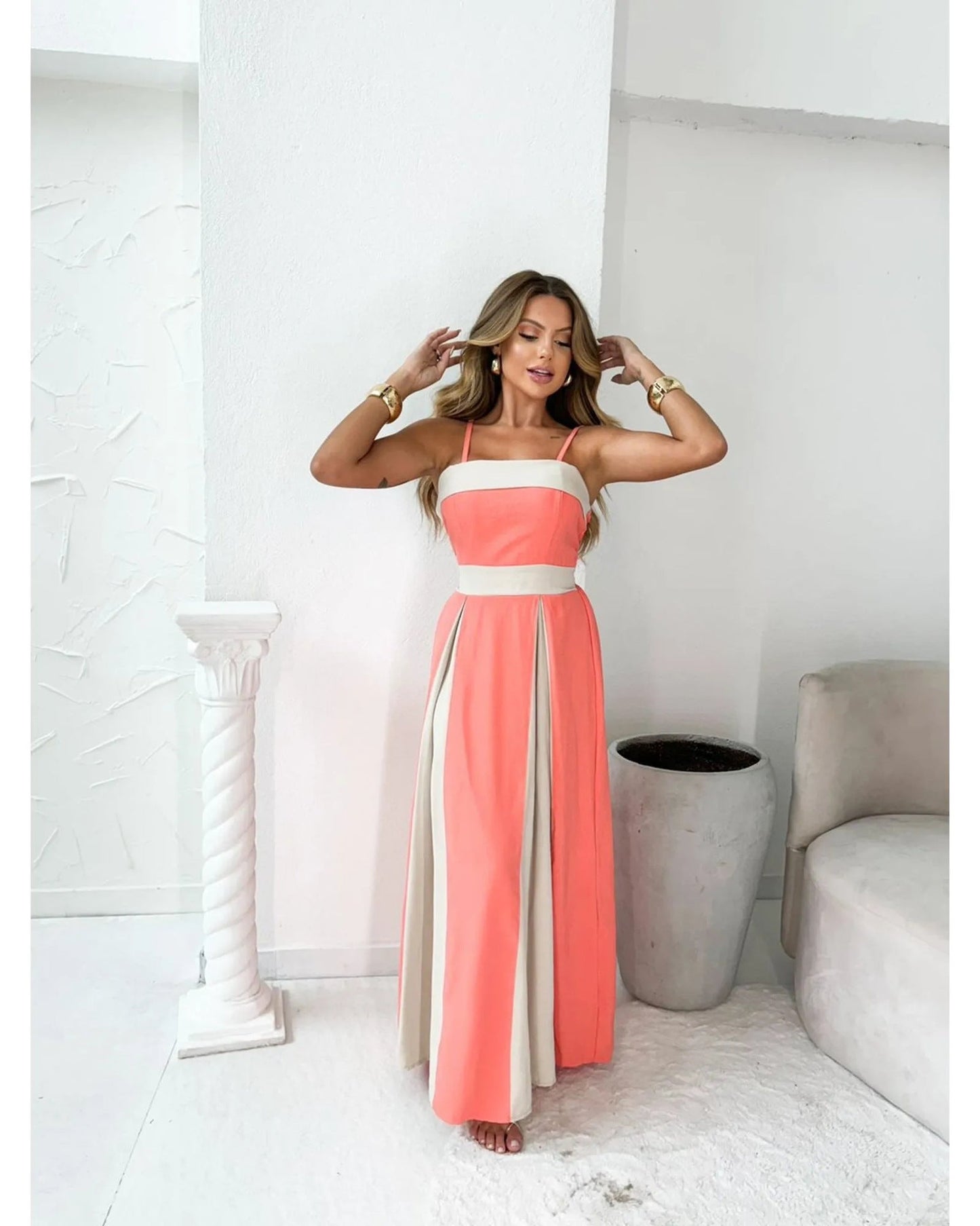 Women’s Maxi Dress – Satin Finish – A-Line Silhouette – Color Block – Formal Fit