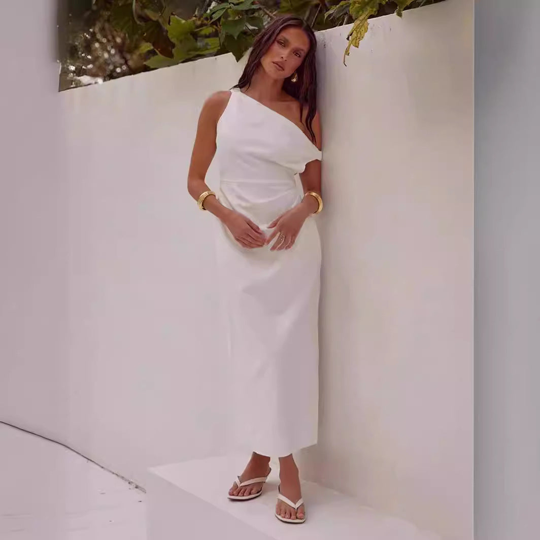 Draped One-Shoulder Slim Fit Midi Dress