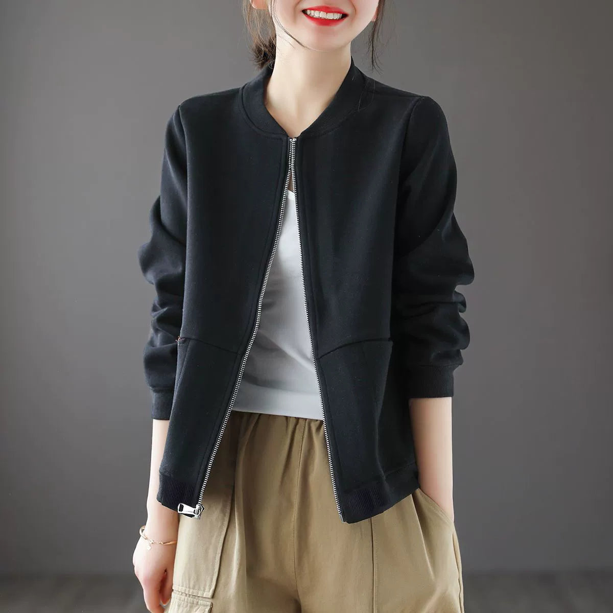 Women’s Baseball Jacket – Relaxed Fit – Soft Feel – Ribbed Trim – Full Zip – Hip Length