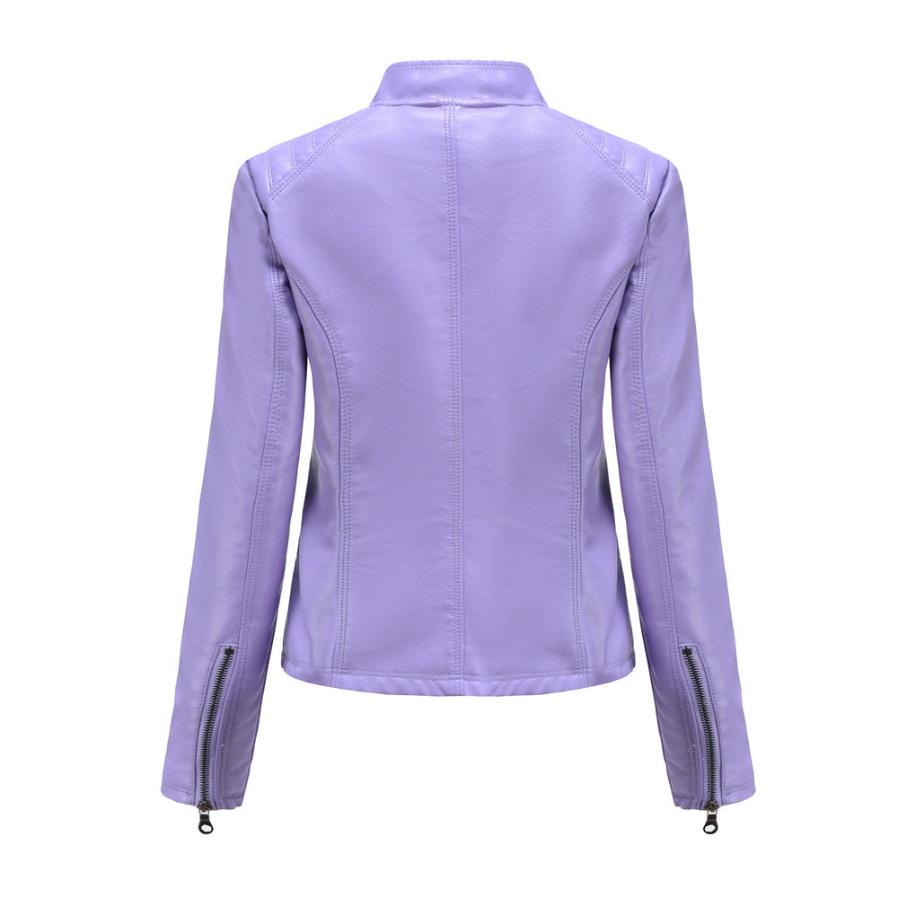 Women's casual faux leather stand-up collar jacket