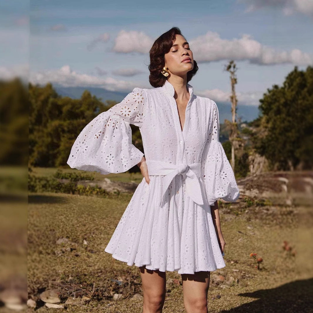 Women’s A-Line Cardigan Dress – 100% Cotton – Lace Eyelet – Puff Sleeve – Tie Waist
