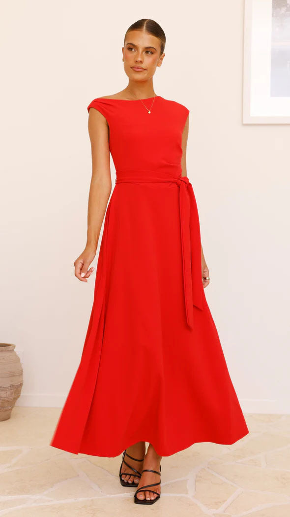 Women’s Maxi Dress – One-Shoulder Asymmetrical Neckline – Waist Tie – Flowy Fit