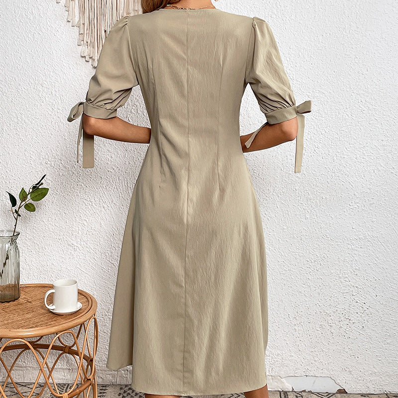 Women's Midi Dress - V-Neck Button Down - Short Sleeve Tie Detail - A-Line Silhouette
