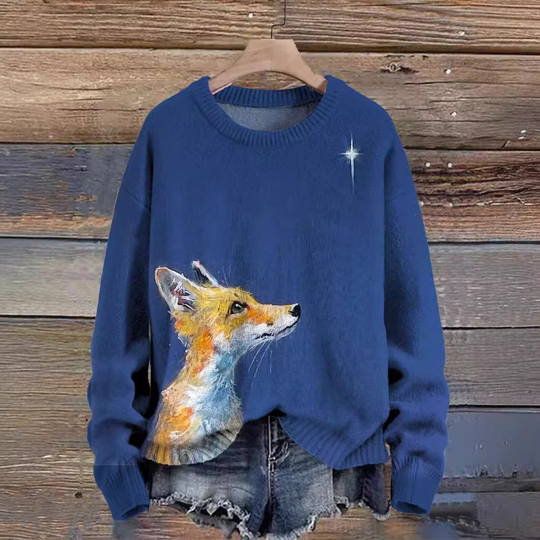 Unisex Sweater - Knit Fabric - Crew Neck - Relaxed Fit - Cartoon Dog Print Casual Style
