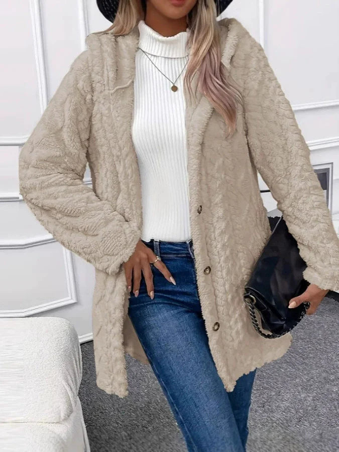 Women’s Long Jacket – Plush Textured Fleece – Oversized Fit – Hooded Button Front
