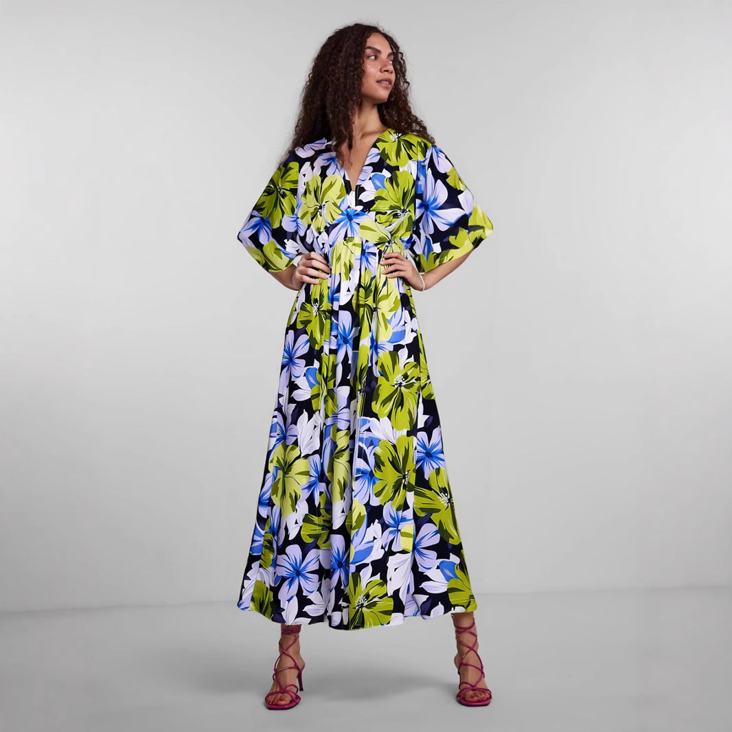Women’s Midi Dress – V-Neck – High Waist – Printed – Short Wide Sleeves – Slit Skirt