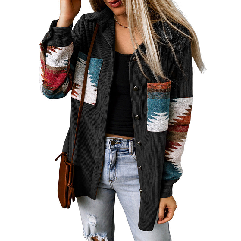 Women’s Cardigan Jacket – Corduroy Texture – Aztec Pattern – Relaxed Fit – Button-Up