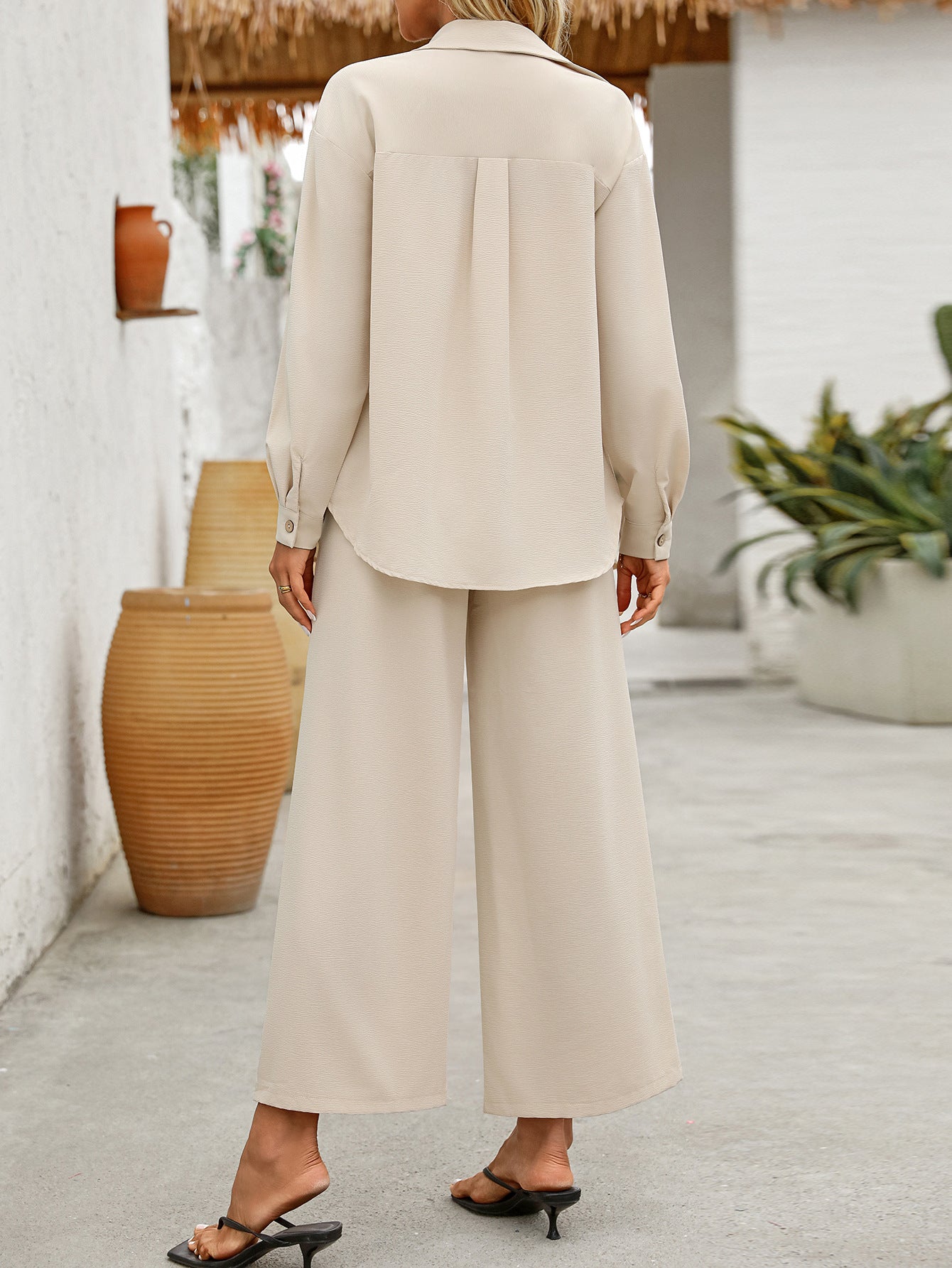 Women's Loungewear Set - Linen Blend - Button-Up Shirt & Wide-Leg Pants