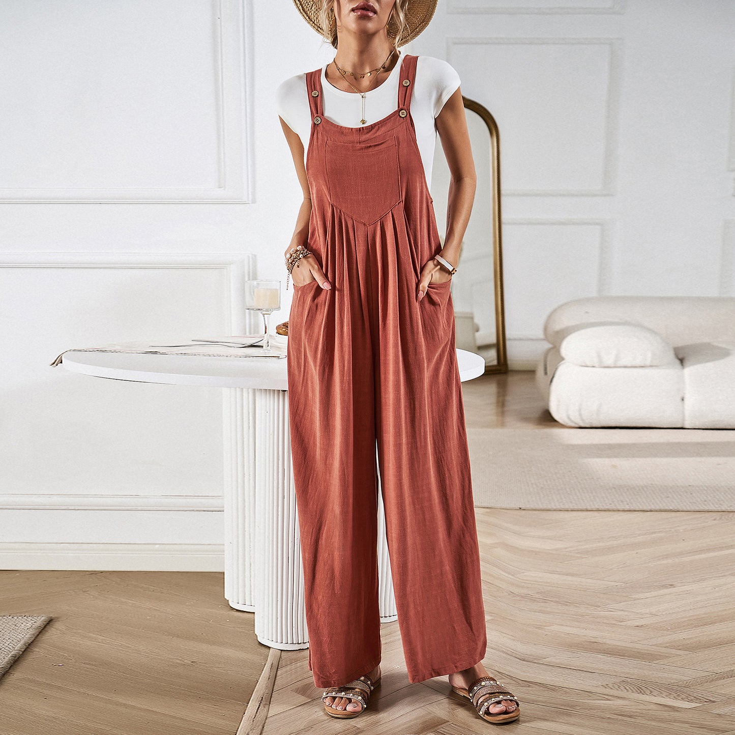 Women's Jumpsuit - Relaxed Fit - Wide Straps with Buttons - Breathable Casual Wear