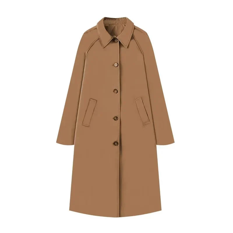 Women’s Coat – Relaxed Straight Fit – Midi Length – Raglan Sleeves – Point Collar