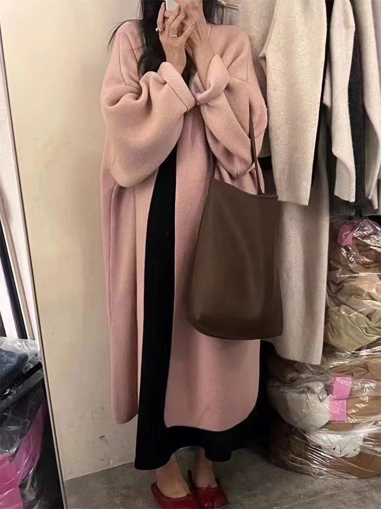 Women’s Cardigan Coat – Oversized Fit – Wool Knit – Full Length – Draped Open Front