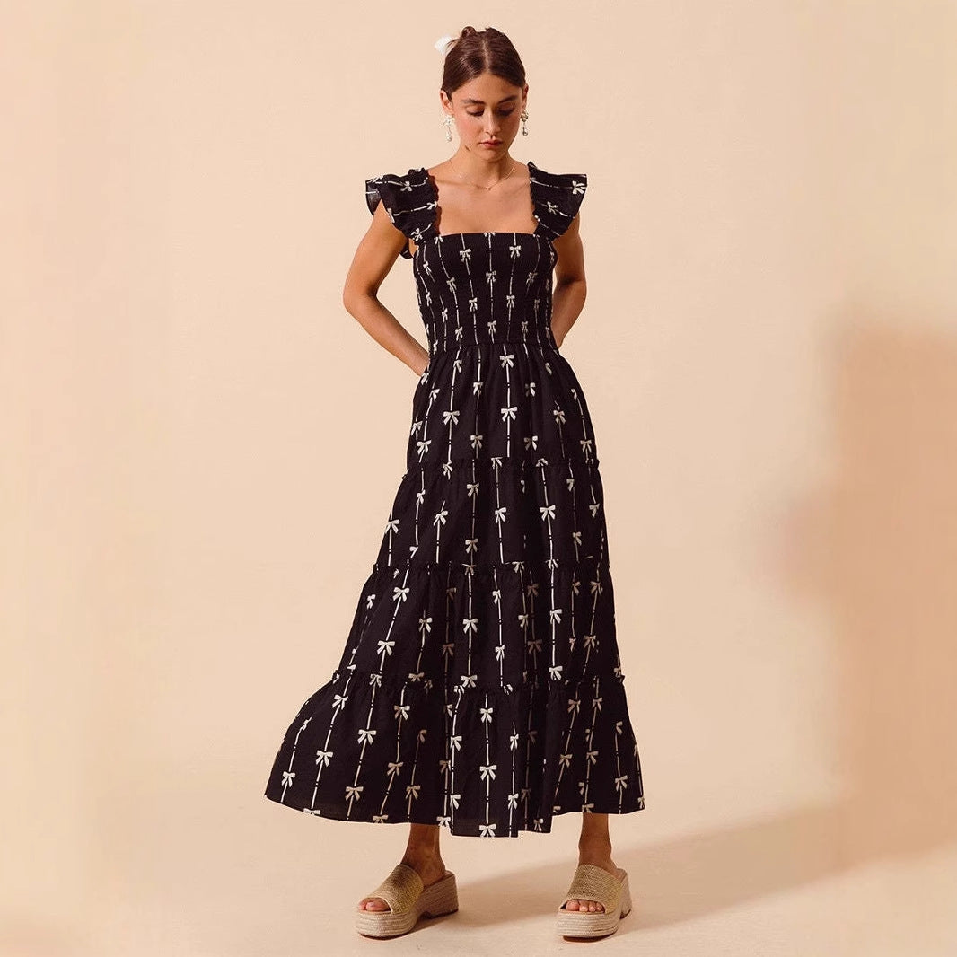 Women’s Maxi Slip Dress – Smocked Bodice – Ruffle Straps – Tiered Skirt – Flowy Fit